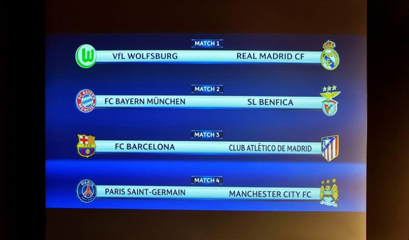 Vista de los emparejamientos de la fase de cuartos de final de la Liga de Campeones tras el sorteo realizado en la sede de la UEFA en Nyon (Suiza) hoy, 18 de marzo de 2016. EFE/Christian Brun